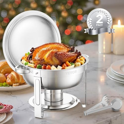 VEVOR Chafing Dish Buffet Set, 5 Qt 2 Pack, Stainless Steel Chafer with 2 Full Size Pans, Round Catering Warmer Server with Lid Water Pan Folding Stand Clip, for Weddings Parties Banquets, Silver - size: 2packs Silver