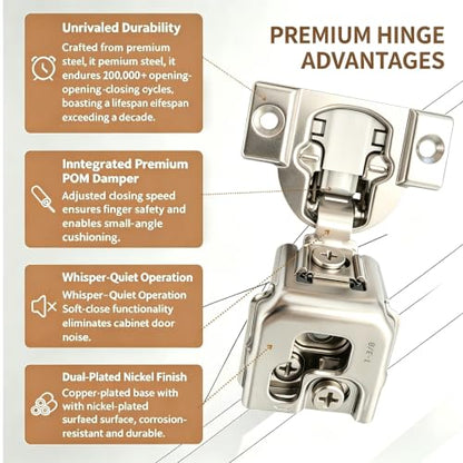 Soft‑Close 1-3/8" Overlay Cabinet Hinges, 105 Degree 3D Adjustable Concealed Hinges, Satin Nickel Finish, for Face Frame Kitchen Cabinet Doors, 2‑Pack (1 Pair) - size: 1-3/8inch Overlay