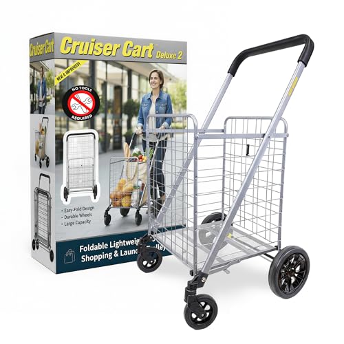 dbest Products Cruiser Cart Deluxe 2 - Foldable Shopping Cart with Wheels & Brake System - Heavy Duty Collapsible Utility Cart for Groceries & Laundry - Holds 100 lbs - Silver, Alloy Steel - color: Silver, style: Deluxe 2