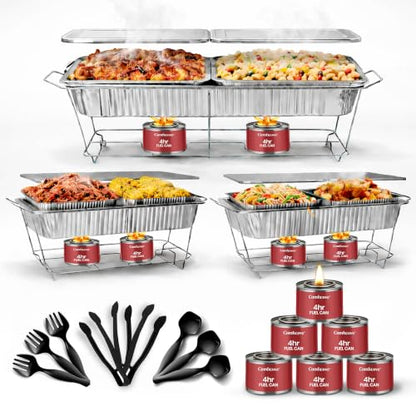 Disposable Chafing Dish Buffet Set, 33 Piece of Chafing Servers with Food Warmers, Covers, Full-Size Food Pans, Water Trays, Serving Utensils, Foil Lids and 4Hr Fuel Cans for Parties, Catering