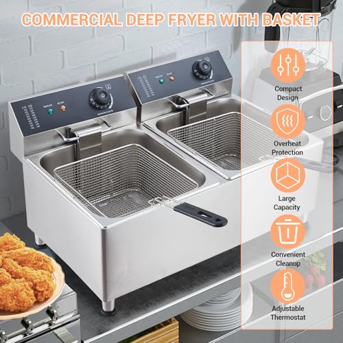 Commercial Electric Deep Fryer, 11L(11.55Qt) Double Removable Basket and Lid Stainless Steel Fast Heat Up Electric Countertop Fryer for Home and Commercial Restaurant Use, 201SS - size: 11L+11L 201