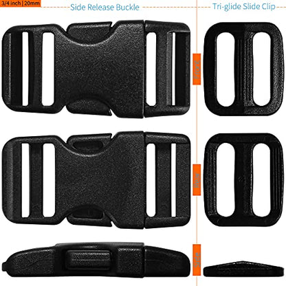 LASIGHT Buckles for 3/4 inch Wide Webbing Straps: Quick Side Release Buckles 10 set and Tri-Glide Slide 20 pcs Fit 0.75" Nylon Web Belt, Plastic Snap Fastener Clip Replacement Dual Adjustable - size: 10 Set for 3/4 inch Webbing