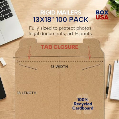 BOX USA Rigid Mailers 13" x 18" (100-Pack) - Cardboard Mailer Envelopes for Posters, Photos, Presentation Materials - Stay Flat - size: 13" x 18" (100-Pack)