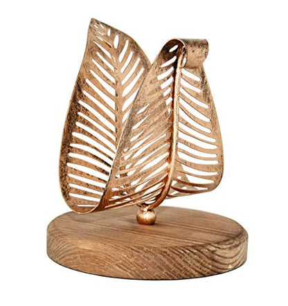 OwlGift Freestanding Modern Napkin Holder w/Bronze Metal Leaf & Brown Wooden Base Design, Tabletop Tissue Dispenser, Napkin Storage Organizer - color: Brown / Bronze