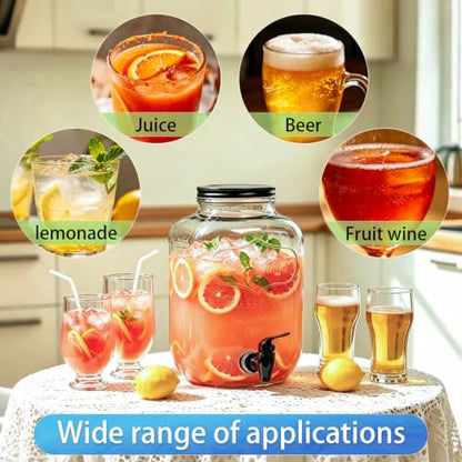 2 Pack 1.5 Gallon Large Glass Beverage Dispenser for Parties, Drink Dispenser with Stand, Lemonade Dispenser with Drip Tray for Iced Tea, Juice & Infused Water