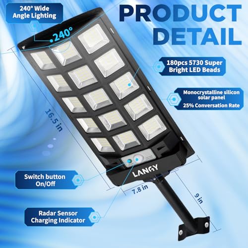 LANGY Solar Street Lights Outdoor 4 Pack, 30000LM 6500K Motion Sensor Dusk to Dawn, IP66 Waterproof LED Flood Security Lights with Remote Control for Parking Lot, Driveway, Garden, Yard - size: 4PACK 30000LM