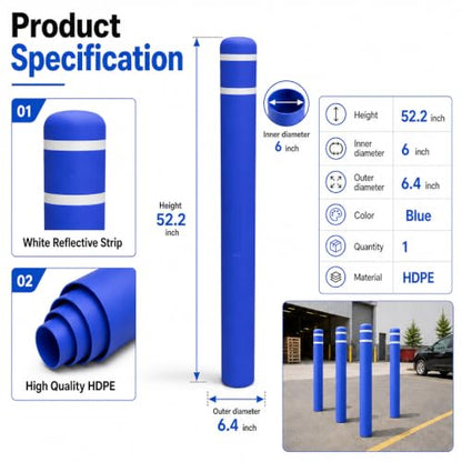Blue Safety Bollard Cover 6" x 52", Heavy Duty Bollard Post Sleeve with Reflective Tape, Weatherproof Bollard Guard for Parking Lot, Warehouse, Traffic Barrier - color: Blue, size: 52" H