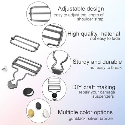 CooBigo 6Sets 1-1/4 Inch Metal Jeans Buckles, Overalls Buckles with Adjustable Tri Glide Buckle and Buttons for Bib Pants Suspender Sewing Accessory (Black) - color: 1-1/4" Black 6sets