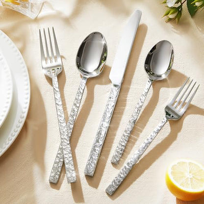 40 Pcs Hammered Silverware Set for 8, 18/10 Stainless Steel Flatware - color: Silver, size: 40-Piece