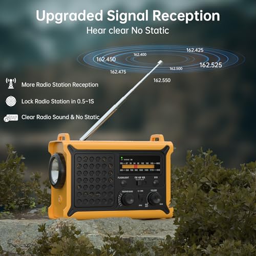 NOAA Weather Radio, 12000mAh Emergency Portable Radio, Hand Crank & Solar - color: Yellow