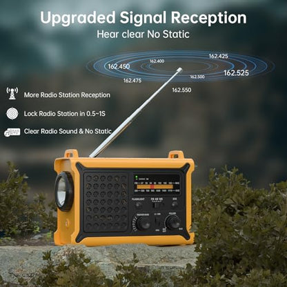 NOAA Weather Radio, 12000mAh Emergency Portable Radio, Hand Crank & Solar - color: Yellow