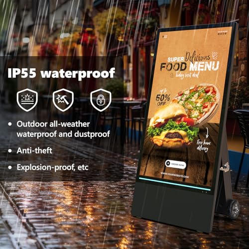 43 inch Outdoor Digital Signage Display, LCD 4K UHD 1800-Nit IP55 Waterproof Advertising Portable Kiosk with Rechargeable Battery, Auto Brightness, Split Screen USB/WiFi Playback Media Player - size: 43inch