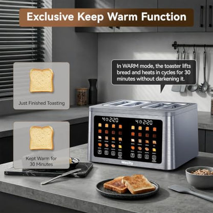 Mecity 4 Slice Toaster Wide Slot, Auto Lift Keep Warm Smart Toaster with Touch Screen, Dual Control Panel, Defrost, Auto Shut Off Digital Toasters for Bagel Muffin Waffle Gluten Free Breads1700W 120V - color: 4 Slot-Brushed stainless steel gray