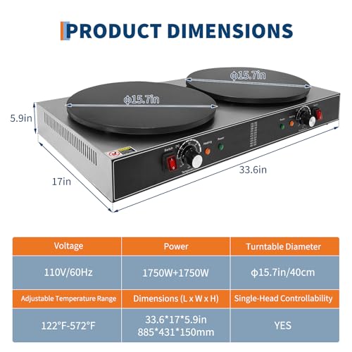 16 Inch Double Head Electric Crepe Maker – Commercial Non-Stick Flat Plate Griddle – Accurate Temperature Control & Gauge Lights – 3500W/1750W 110V – Perfect for Pancakes & Omelets - size: Double Plates
