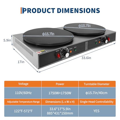 16 Inch Double Head Electric Crepe Maker – Commercial Non-Stick Flat Plate Griddle – Accurate Temperature Control & Gauge Lights – 3500W/1750W 110V – Perfect for Pancakes & Omelets - size: Double Plates