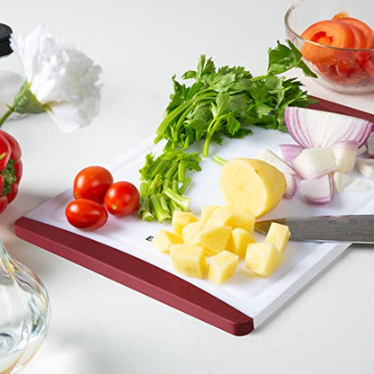 Empune BPA-Free Plastic Cutting Board for Kitchen with Juice Grooves, Extra Large Dishwasher Safe Cutting Boards Set of 4 with Handles, Thick Non-Slip Chopping Board for Meat, Fruit and Chicken, Red - color: Red