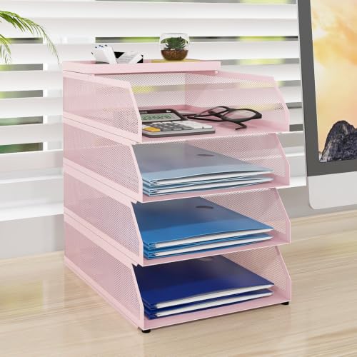 Natwind 4-Tier Stackable Metal Mesh Desk Paper Tray Organizer,Pink - color: Pink, size: 4 tier
