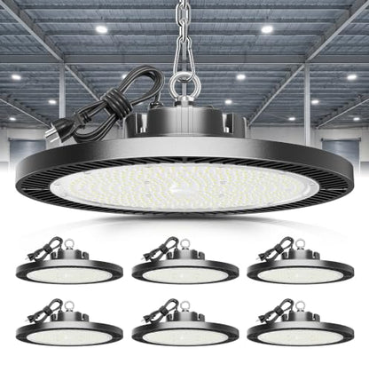 ELEKICO 200W UFO Led High Bay Light| 5000K 30000LM High Bay Led Shop Lights with 5ft Cable Hanging Hook Safe Rope| Shop Light & Garage Lighting Lights for Factory Workshop Warehouse Garage Barn - size: 200W-6-PACK