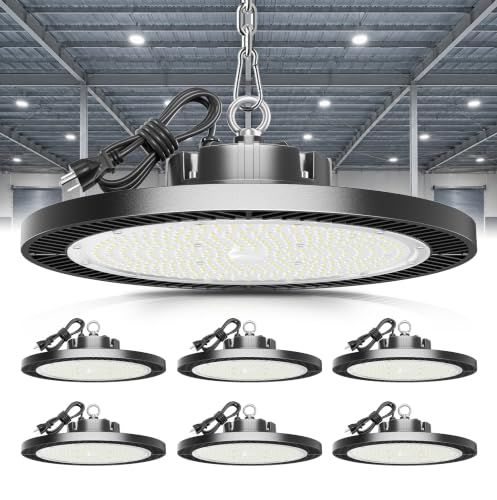 ELEKICO 200W UFO Led High Bay Light| 5000K 30000LM High Bay Led Shop Lights with 5ft Cable Hanging Hook Safe Rope| Shop Light & Garage Lighting Lights for Factory Workshop Warehouse Garage Barn - size: 200W-6-PACK