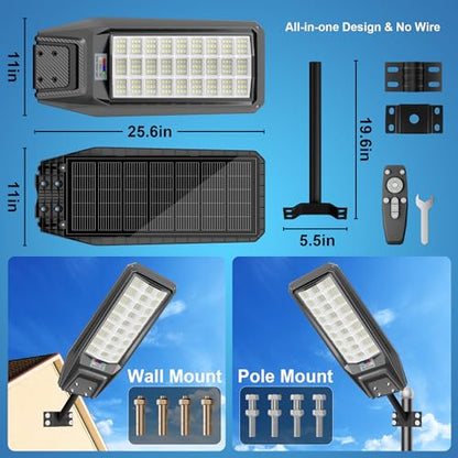 9500W Solar Street Light Outdoor Waterproof, 250000LM Large Commercial Light Solar Powered Dusk to Dawn LED Security Flood Lights with Remote/Motion Sensor, IP67 for Parking Lot/Garden/Yard - size: XXL--3Pack