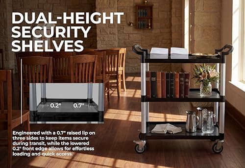 Commercial 3-Shelf Rolling Service Utility Cart | Capacity 390 lbs. | 37" x 34" x 16" | Black