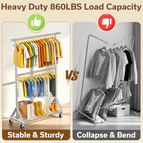 Heavy Duty Clothes Rack 860 LBS, Rolling Clothing Rack with Wheels - color: Silver