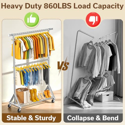 Heavy Duty Clothes Rack 860 LBS, Rolling Clothing Rack with Wheels - color: Silver