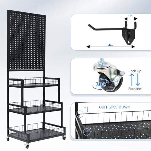 NectaCol Pegboard Panels, 3-Tiers Metal Pegboard Display Stand with Peg Board Panel, Standing Pegboard Display Rack, Craft Show Display, Art Display and Retail Display Stand with 10 Hooks - Black - color: Black