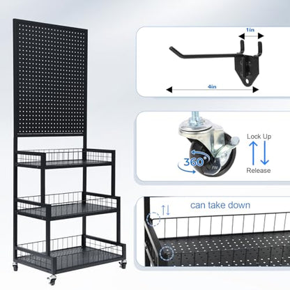 NectaCol Pegboard Panels, 3-Tiers Metal Pegboard Display Stand with Peg Board Panel, Standing Pegboard Display Rack, Craft Show Display, Art Display and Retail Display Stand with 10 Hooks - Black - color: Black