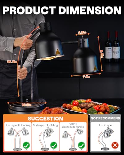 Food Heat Lamp with 3 Bulbs, 500W Rapid and Steady Heating, Painted Black - color: Painted Black