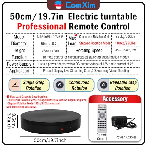 19.7In Remote Large Motorized electric turntable Rotating platform Photography Turntable Motorized lazy susan Base giratoria para for Photography,3D Scanner,Heavy duty display(Load Range:220~500lbs) - size: 19.7inch/Black/500Lbs Load