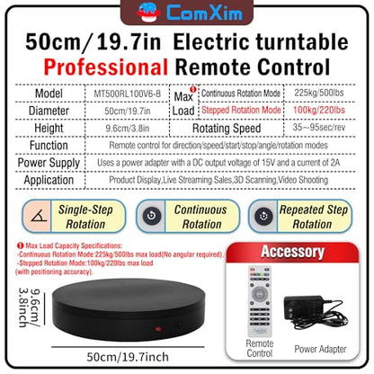 19.7In Remote Large Motorized electric turntable Rotating platform Photography Turntable Motorized lazy susan Base giratoria para for Photography,3D Scanner,Heavy duty display(Load Range:220~500lbs) - size: 19.7inch/Black/500Lbs Load