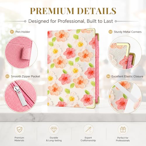 Server Book,7 Pocket Zipper Organizer,Server Books for Waitress - color: Flower 1