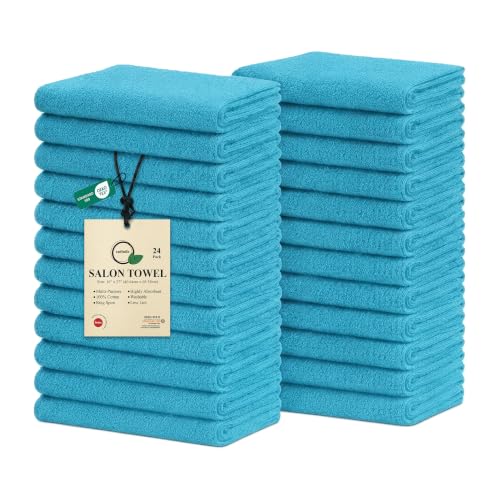 Salon Towels – Pack of 24 (16"x27") 100% Cotton Ring Spun (Not Bleach Proof) Ultra Soft, Highly Absorbent Hand Towels – Bulk for Spa, Gym & Salon (Turquoise) - color: Turquoise