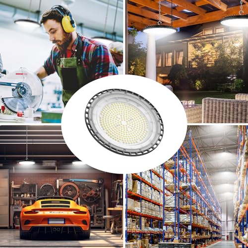 6 Pack UFO 200W LED High Bay Light,5000K,28,000LM, 5 ft Cable with US Plug UL Certified Plug, IP65 Commercial Warehouse Area Light for Wet Location Area, Workshop, Garage - size: 200W 6 Pack
