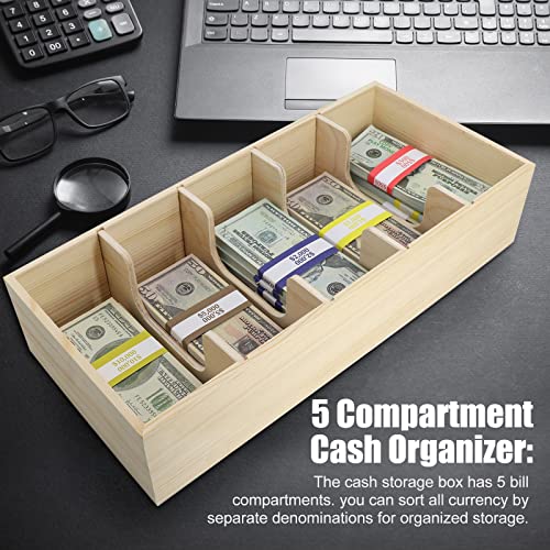 Wooden Currency Money Cash Tray With 300 Currency Wrappers, 5 Compartment Wooden Cash Money Currency Organizer Storage Change Box Case for Cash, Moneyboxes Currency Holder Cash for Money
