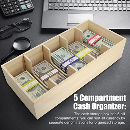 Wooden Currency Money Cash Tray With 300 Currency Wrappers, 5 Compartment Wooden Cash Money Currency Organizer Storage Change Box Case for Cash, Moneyboxes Currency Holder Cash for Money