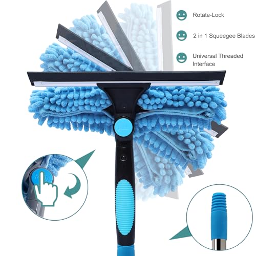 20+ Feet Reach Blue 2 in 1 Window Washing Squeegee & Duster with 3-14 ft Spliceable Extension Pole // Window Cleaning Tool & Window Washer Squeegee for Home Indoor Outdoor Window Washing