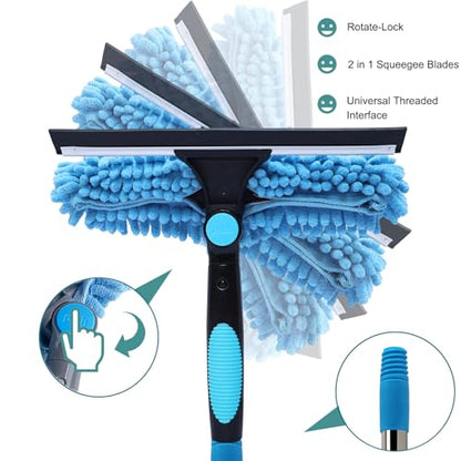 20+ Feet Reach Blue 2 in 1 Window Washing Squeegee & Duster with 3-14 ft Spliceable Extension Pole // Window Cleaning Tool & Window Washer Squeegee for Home Indoor Outdoor Window Washing