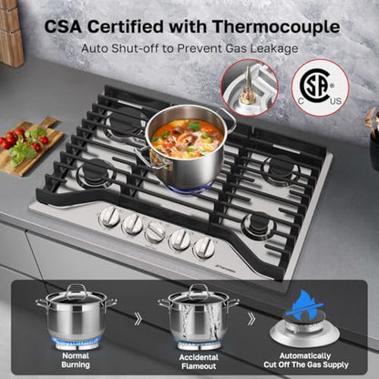 ThermoMate Heavy 30 Inch Gas Cooktop with 5 Italy Sabaf Power Burners, Built In Stove Top of 304 Stainless Steel, Gas Hob NG/LPG Convertible, Thermocouple Protection CSA Certified - size: 30 inch 5 burners