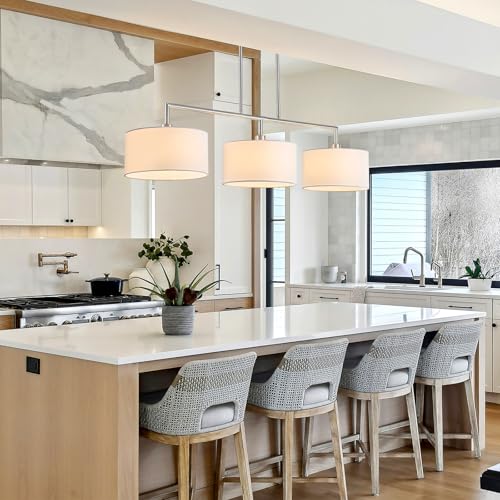 47" Linear Kitchen Island Lighting 3-Light Brushed Nickel Chandelier with White Fabric Drum Shade Adjustable Hanging Pendant Light for Dining Room Light Fixtures Over Table,Kitchen,Bar,Living Room,E26 - color: Brushed Nickel