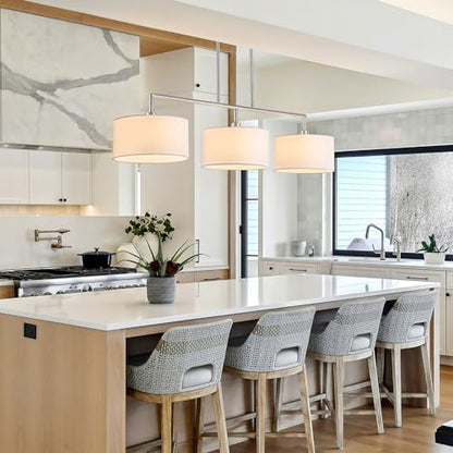 47" Linear Kitchen Island Lighting 3-Light Brushed Nickel Chandelier with White Fabric Drum Shade Adjustable Hanging Pendant Light for Dining Room Light Fixtures Over Table,Kitchen,Bar,Living Room,E26 - color: Brushed Nickel