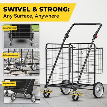 XINGLANG Heavy Duty Folding Shopping Cart – 5.7 Cu Ft, 600 lbs Capacity, Double Basket & Removable Waterproof Liner, 360° Swivel Wheels with Brakes, Adjustable & Rotating Handle for Laundry & Grocery - size: Gigantic