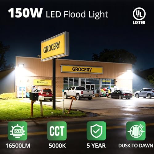 GKOLED 150W LED Flood Lights Outdoor, 16,500LM Dusk to Dawn Security Light, with Anti-Glare Guard, 120V 5000K Waterproof Landscape Lighting, Aluminum Lighting Fixture, 1/2" Knuckle Mount, UL Listed - size: 1 Pack