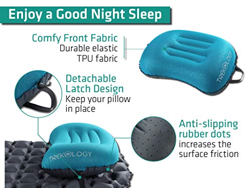 TREKOLOGY Aluft 2.0 Small Inflatable Camping Pillow for Backpacking, Travel - color: Teal Blue
