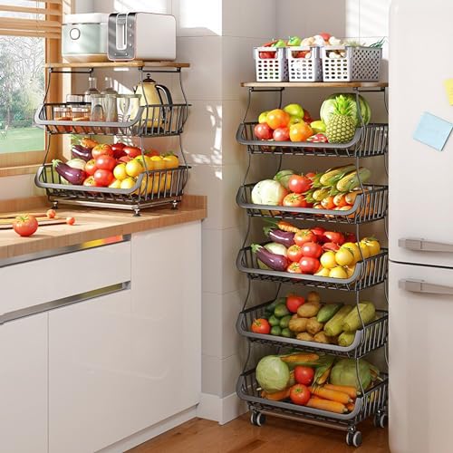 BEEY Metal Storage Baskets with Wheels, Metal Wire Market Basket Storage Organizer Cart Rolling Stackable Storage Bins for Kitchen,Pantry,Bedroom (Black W/Tabletop, 6 Tier) - color: Black W/Tabletop, size: 6 Tier