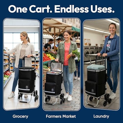 Foldable Stair Climbing Shopping Cart with Wheels – 3-in-1 Grocery Trolley, Backpack & Hand Truck – Lightweight Aluminum Frame, Waterproof Insulated Bag, Side Pockets – Cart for Groceries & Laundry