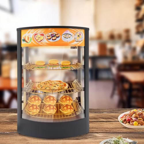 3-Tier Commercial Food Display Warmer,800W Electric Food Warmer Countertop Pizza Warmer Countertop with LED Lighting Removable Shelves Glass Door, Pastry Display Case for Buffet Restaurant 110V