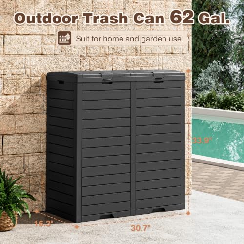 Fancyango Resin Outdoor Trash Can with Lid, 62 Gallon, Black - color: Black, size: 62 Gallon