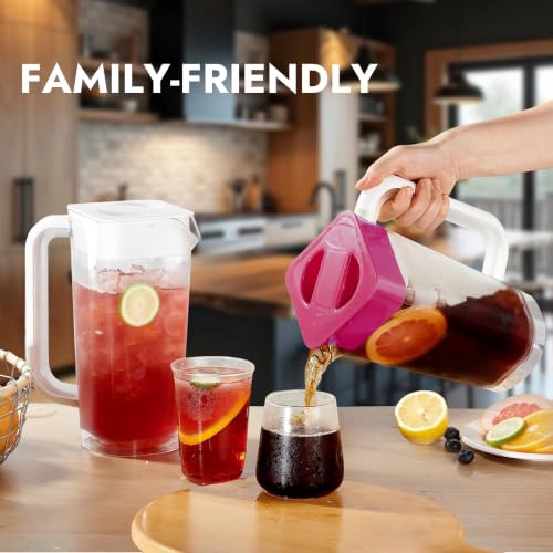 CURTA 4 Pack 2L/68 oz Plastic Pitcher with Lid & Handle, Large Capacity Water Jug with Measurement Marks, Clear Fridge Pitcher for Iced Tea, Juice, Lemonade & Cold Beverages - color: White-red-4pack